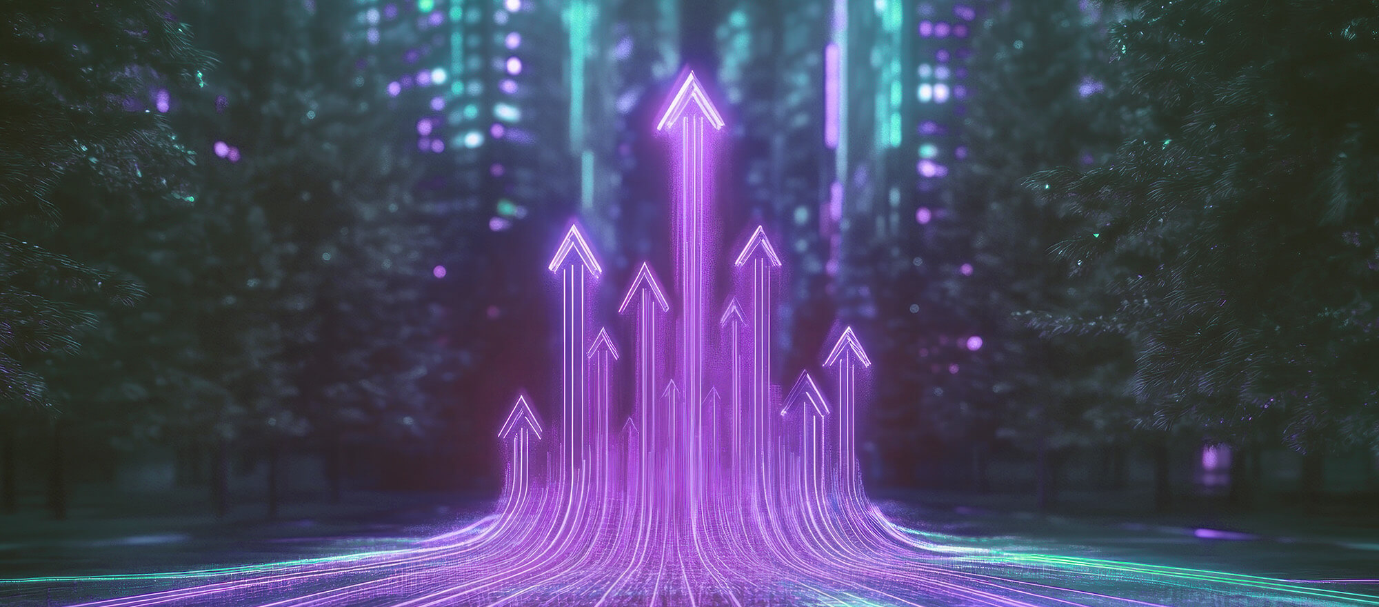Image with lots of purple up arrows symbolising business success and business growth and increase recruitment agency value