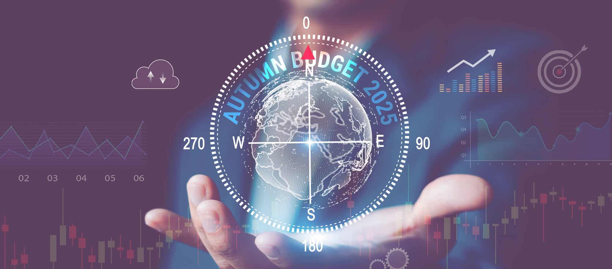 A compass with the words 'AUTUMN BUDGET 2025' arching inside the compass dial. The idea is that MAYACHI can align finances to show you the correct direction for your business.