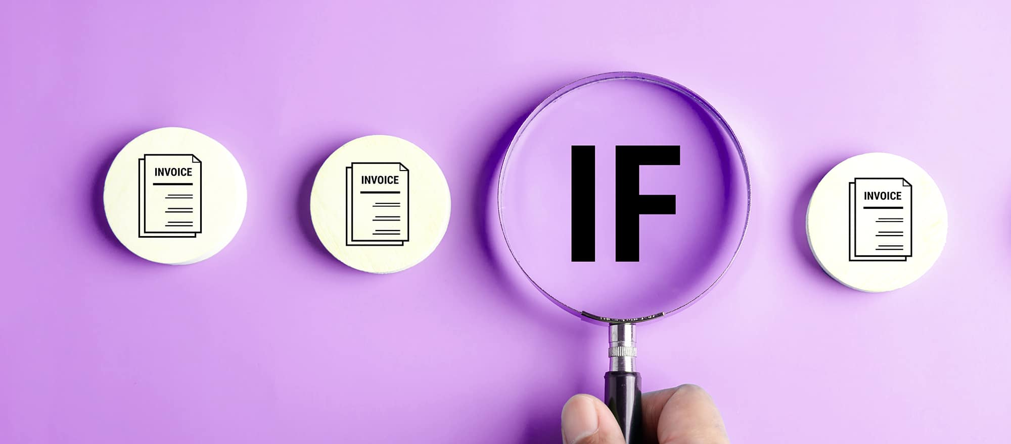 A hand holding a magnifying glass over the letters 'IF' which in the financial world is know as a acronym for Invoice Financing. To the right and left of the picture are invoice buttons that are also subject to going under the magnifying glass. MAYACHI purple background.