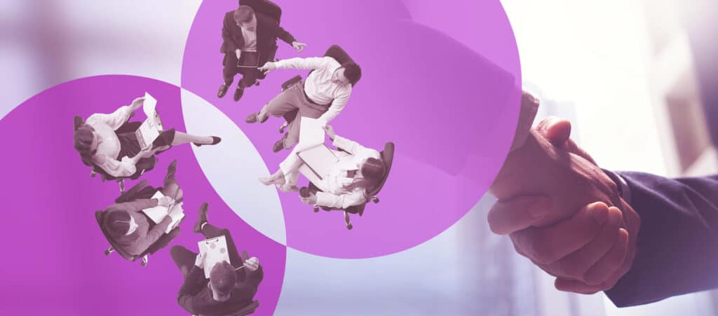 Birds-eye view of shareholders sitting in a meeting coming to an agreement on purple circle backgrounds with an overlay of people shaking hands.