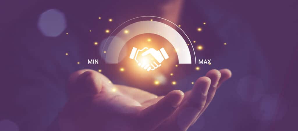 Graphic representing maximum funding through invoice finance for recruitment agencies, showing a handshake icon and a gauge set to "MAX" for business growth.