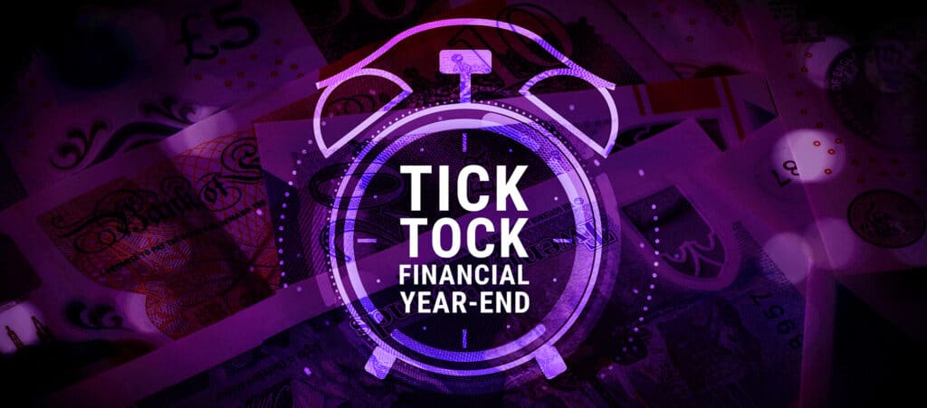 Financial year-end deadlines for recruitment agencies with stopwatch over UK pound notes, highlighting tax returns, compliance dates and accounting submissions for staffing firms.