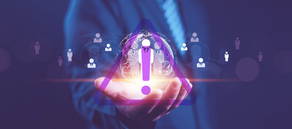 Business warning symbol highlighting international contract placement risks and compliance challenges in global trade and invoice finance
