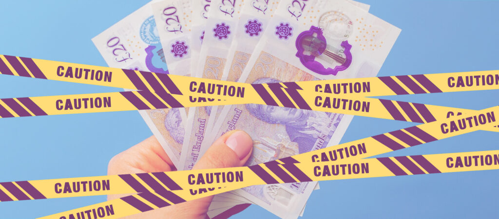 Risks of paying recruitment consultants via limited companies showing UK pound notes wrapped in caution tape