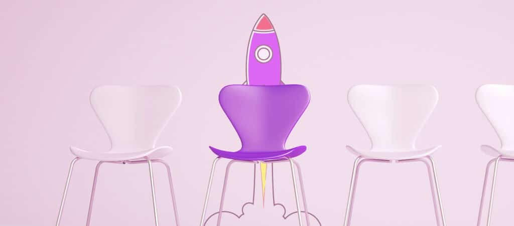 A purple chair with a rocket ship illustration standing out from white office chairs, representing non-recruiters launching a recruitment agency.